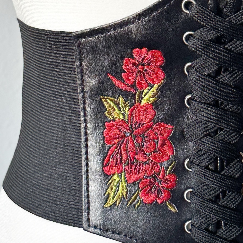 Corset Style Rose Embroidered Black Faux Leather Wide Waist Belt Lace Up Front - Picture 3 of 10